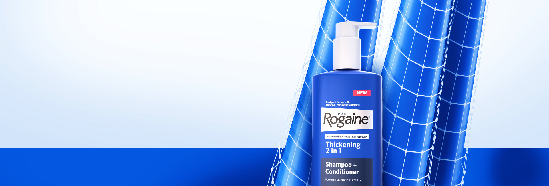 Men’s Rogaine Thickening 2 in 1 Shampoo + Conditioner on a blue background.