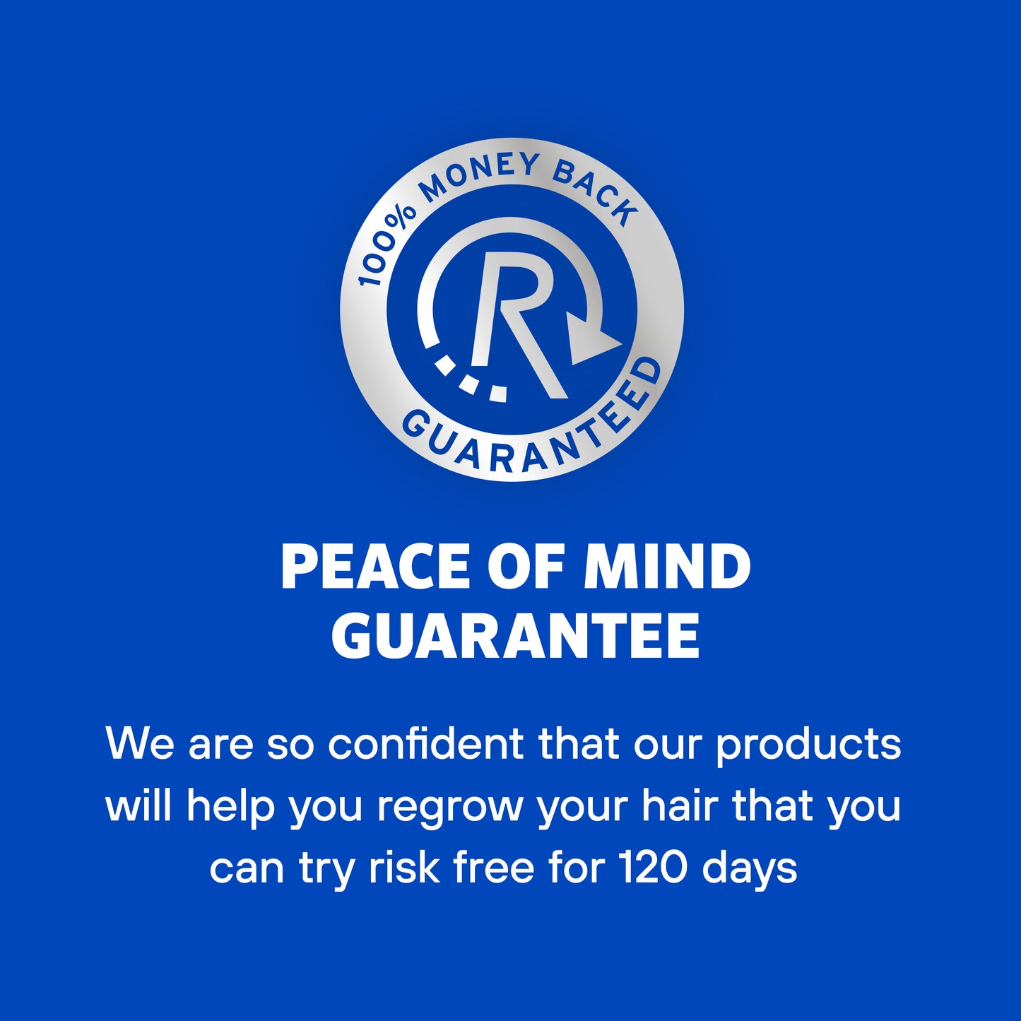 Rogaine’s peace of mind 100% money back guarantee on a blue background.