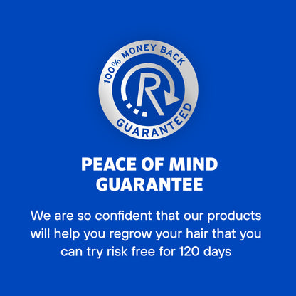 Rogaine’s peace of mind 100% money back guarantee on a blue background.