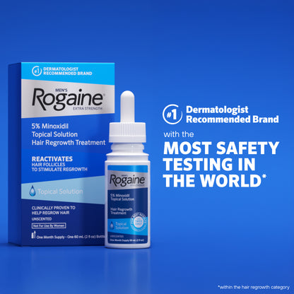 Bottle of Men’s Rogaine Solution and packaging on a blue background.
