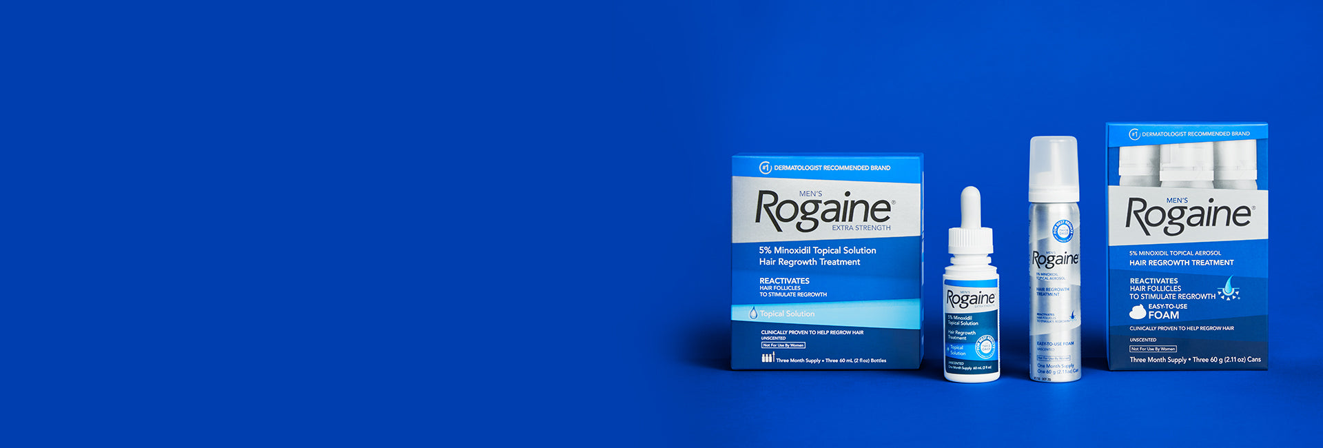 Men’s Rogaine Topical and Foam Solution with boxes on a blue background.